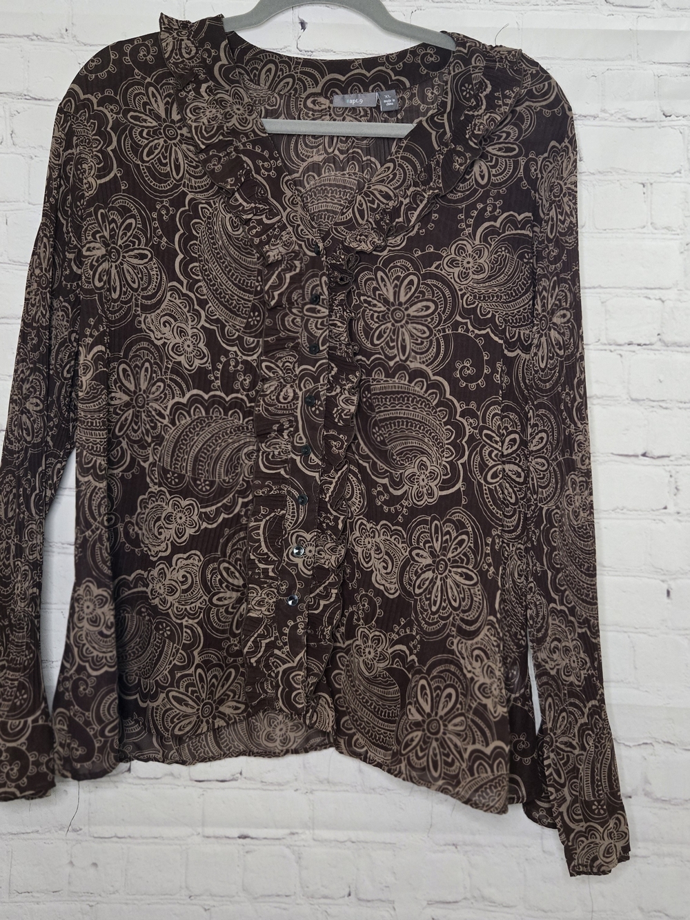 Apt 9 Chocolate Brown Paisley Crinkle Ruffle Collar Poet Fairy Blouse Sz Xl Y2k